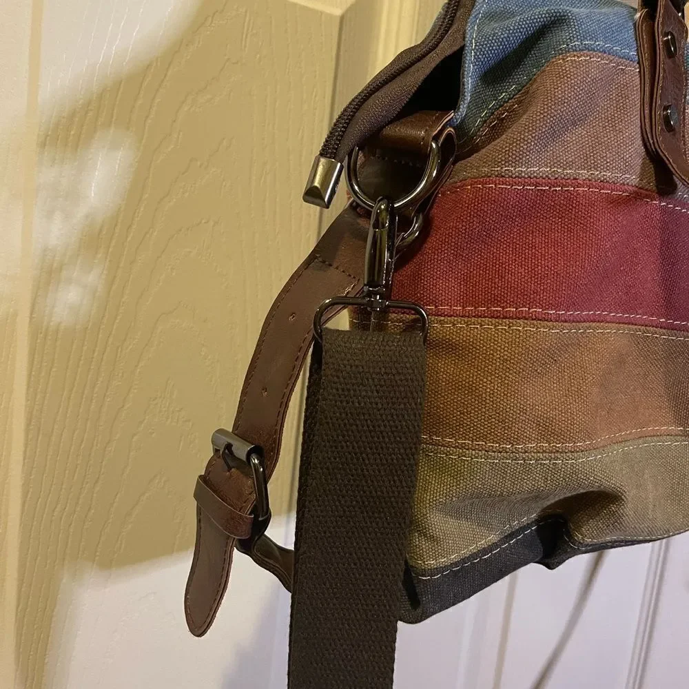 SUNSHINEJING Striped Canvas Tote Crossbody Strap Double Handles